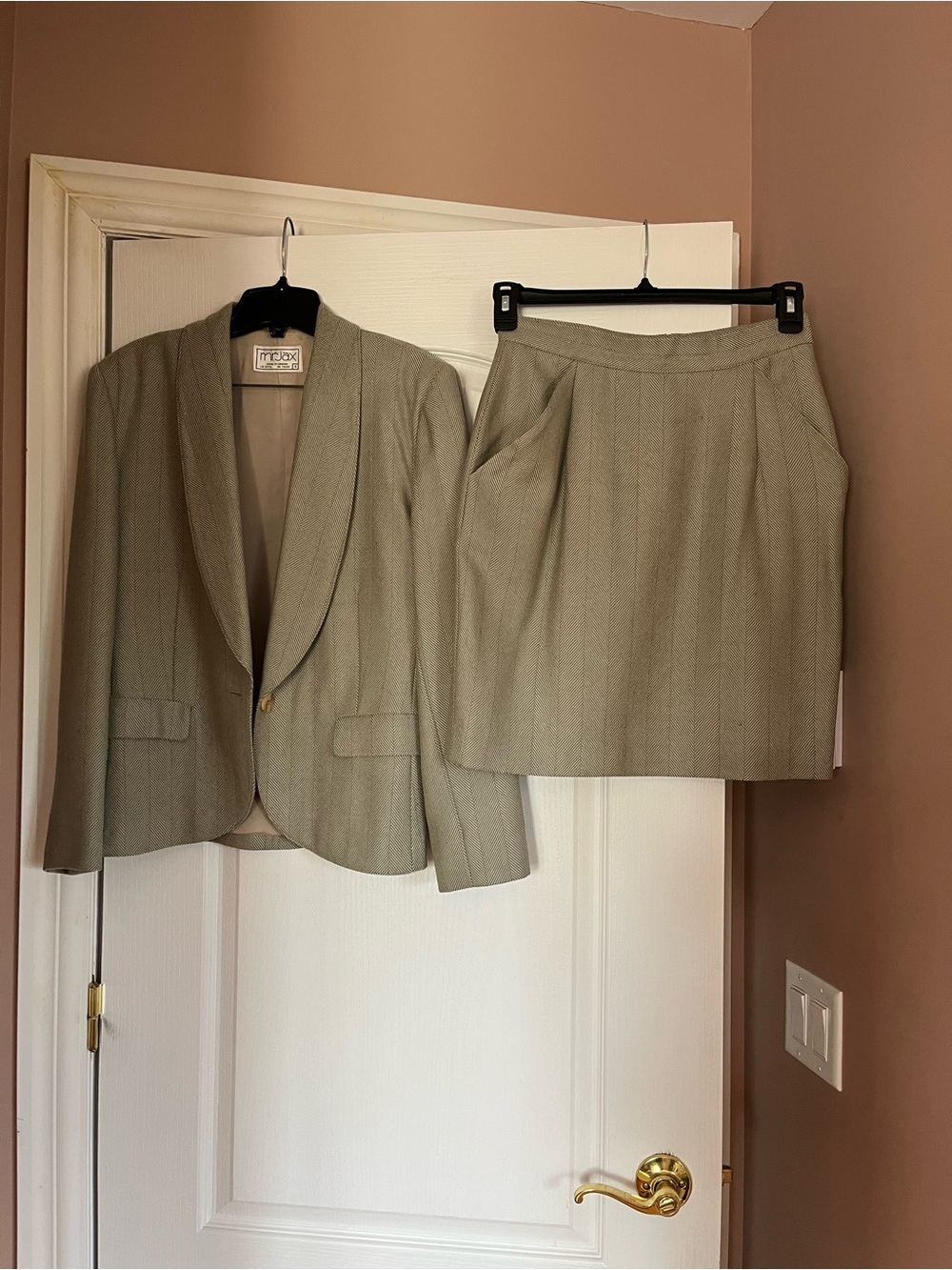 Pure Virgin Wool - Jax Taupe Pinstripe Shawl-Collar Blazer with Matching Skirt